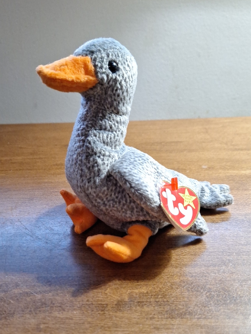 Ty Gray Plush Goose Beanie Regular Size, Honks with Orange Beak & Feet